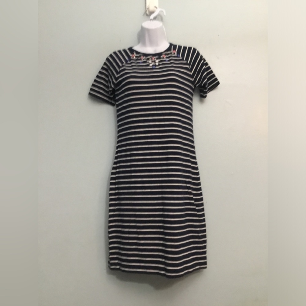 French Connection Navy and White Striped Tee Dress with Embroidered Neck